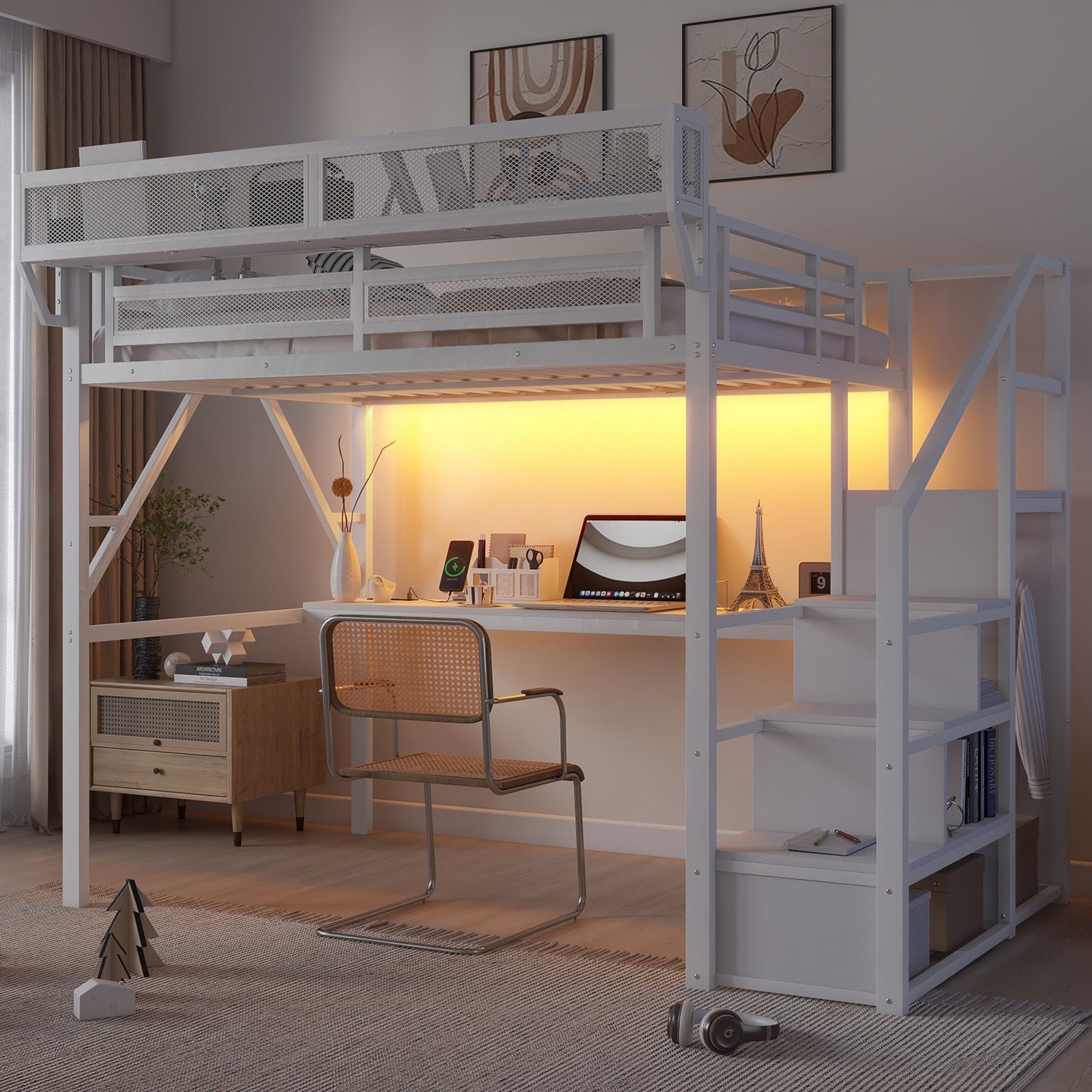 Full Loft Bed with Desk and Charging Station, Full Size Metal Loft Bed with Stairs and Light for Kids Teens,White(Expect Arrival Date 2026/3/7) image 6