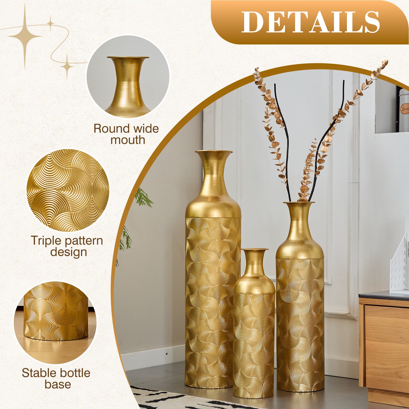 3 Pack Gold Metal Vase Set, Tall Embossed Nested Vases, Semi-Handcrafted Decorative Centerpieces for Home, Living Room, Floor, Fireplace, Not Waterproof image 3