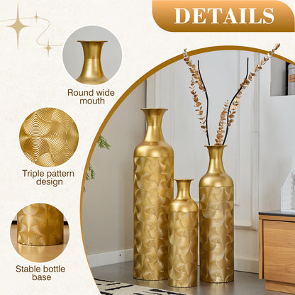 3 Pack Gold Metal Vase Set, Tall Embossed Nested Vases, Semi-Handcrafted Decorative Centerpieces for Home, Living Room, Floor, Fireplace, Not Waterproof image 3