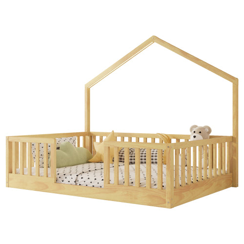 Full Floor Bed with High Rails, Wooden Montessori Bed with Light for Kids, Boys and Girls,Natural(Old SKUW2593P440609 Expect Arrival Date 2026/6/30) image 7