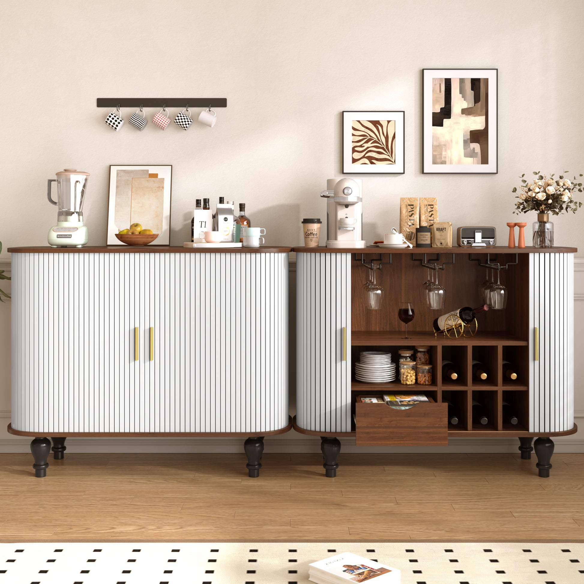 39" Fluted Liquor & Coffee Bar Cabinet with 6 Wine Racks and 3 Glass Holders, Mid-Century Modern Bar Cabinet with A Large Storage Drawer,4 Hidden Storage Space on the Side, White image 12