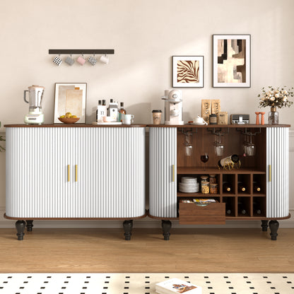 39" Fluted Liquor & Coffee Bar Cabinet with 6 Wine Racks and 3 Glass Holders, Mid-Century Modern Bar Cabinet with A Large Storage Drawer,4 Hidden Storage Space on the Side, White image 12