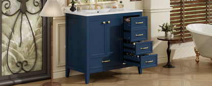 36" Bathroom Vanity with Sink, Bathroom Cabinet with Soft-Closing Door, 4 Drawers of Different Sizes, Solid Wood Frame and Leg, Two Packages, Blue image 2
