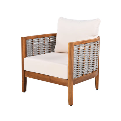 Outdoor Unique Tub Design Armchair with Woven Rope, Patio Furniture Acacia Wood Chair, Deep Seating with Soft Cushions for Porch, Garden, Backyard, Balcony, Teak Finish & Beige Cushion image 3