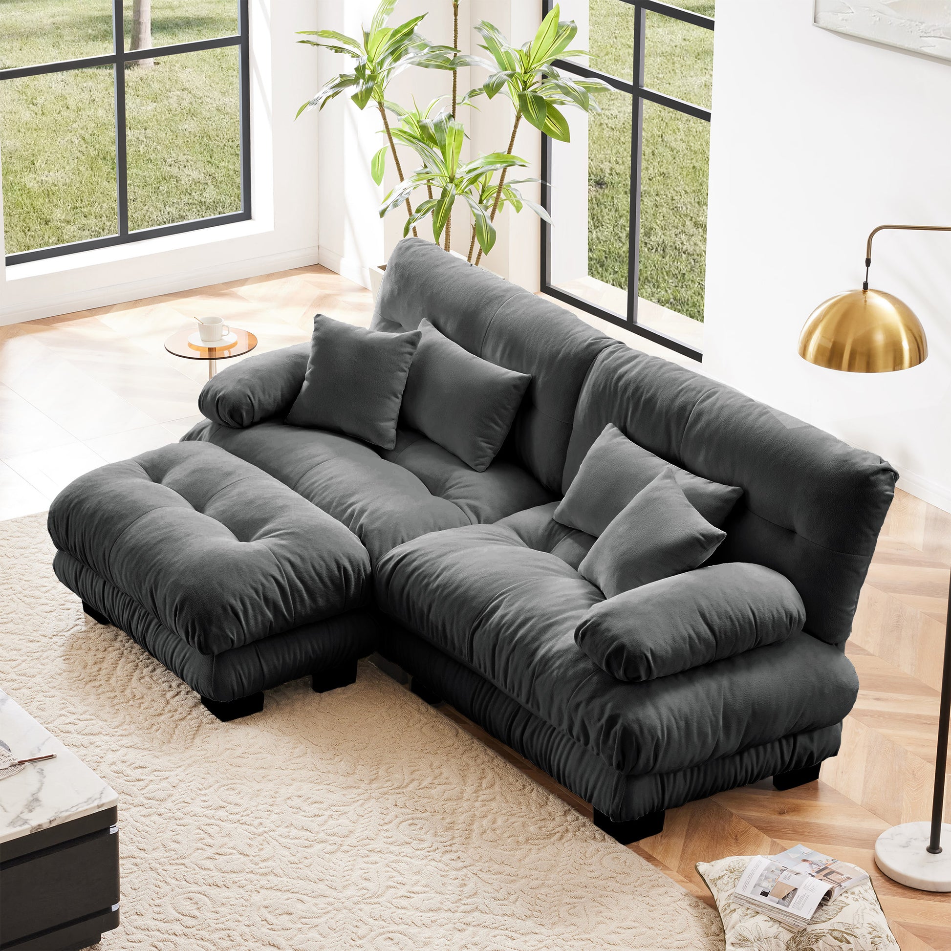 Cloud Couch Sectional Sofa for Living Room, Chenille 2 Seater Sofa with 2 Lumbar pillows and 2 throw pillows, Upholstered Wide Arm Sofa with Convertible Ottoman,Chenille Gray image 1