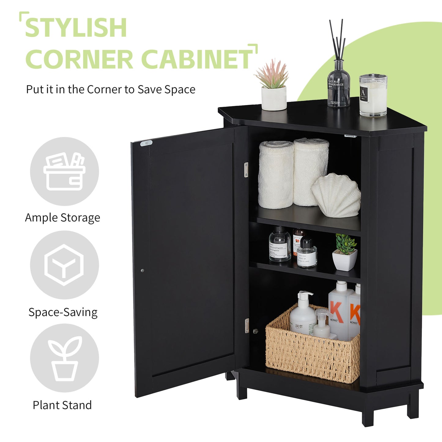Black Bathroom Cabinet Triangle Corner Storage Cabinet with Adjustable Shelf Modern Style MDF Board(Old SKU:N725P172615B) image 7