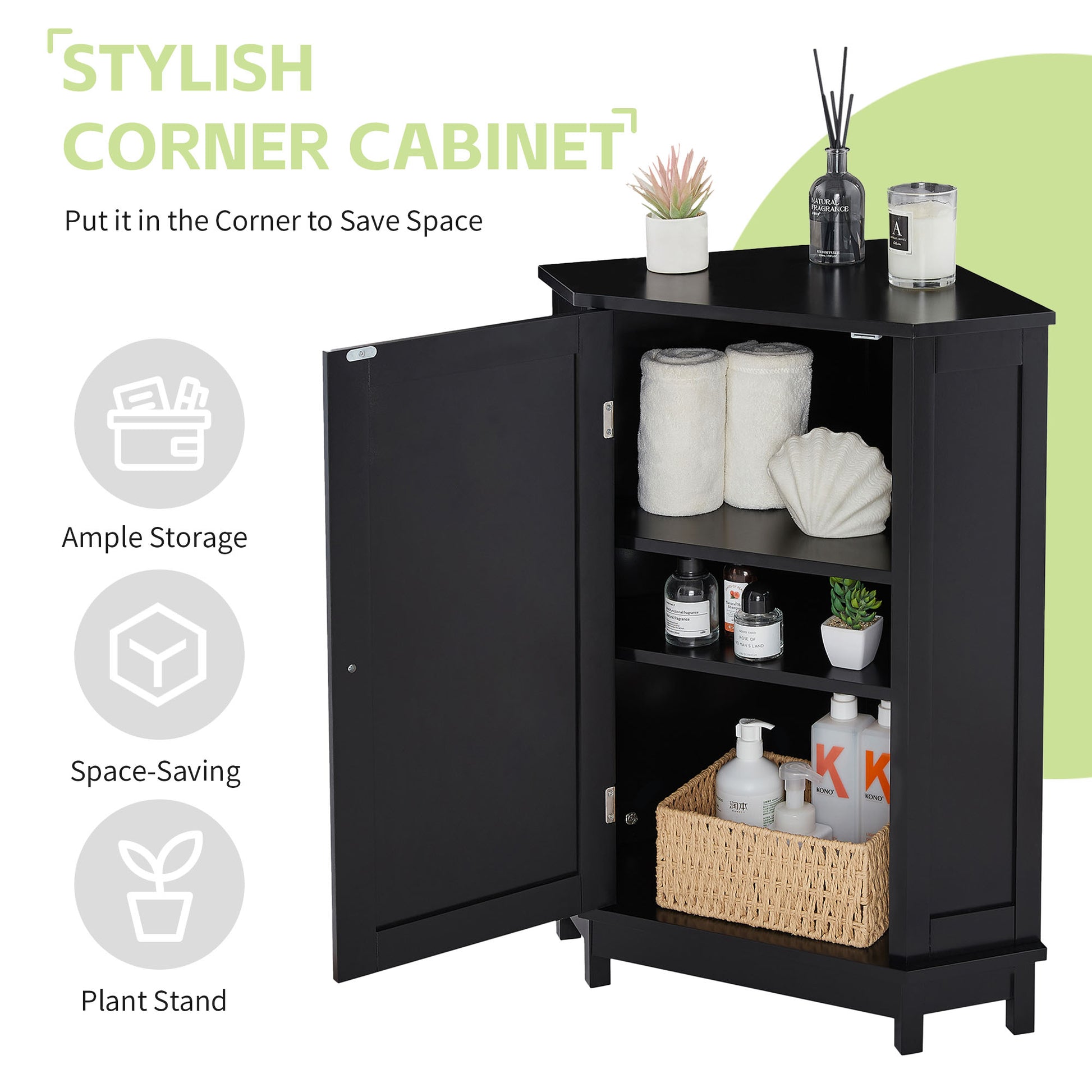 Black Bathroom Cabinet Triangle Corner Storage Cabinet with Adjustable Shelf Modern Style MDF Board(Old SKU:N725P172615B) image 7