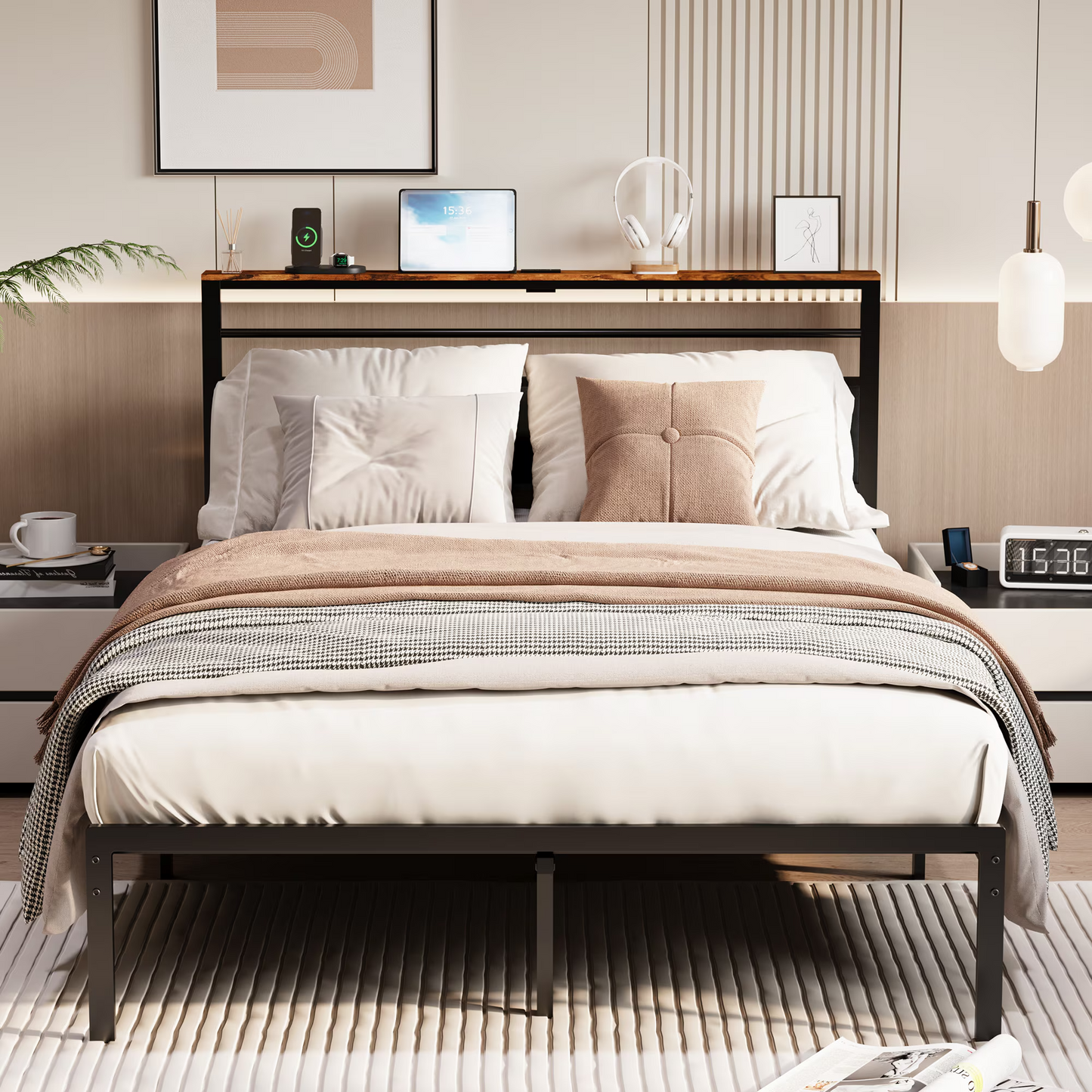 Queen Size Bed Frame with Charging Station, Platform Bed with Metal Slats, Upholstered Headboard with Storage Shelves, No Box Spring Needed, Black image 1