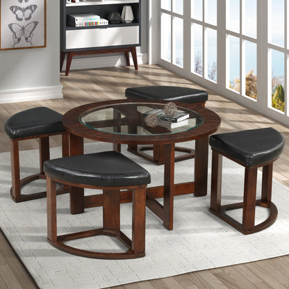 Cylina Solid Wood Glass Top Round Table Set, Coffee Table with 4 Stools image 1