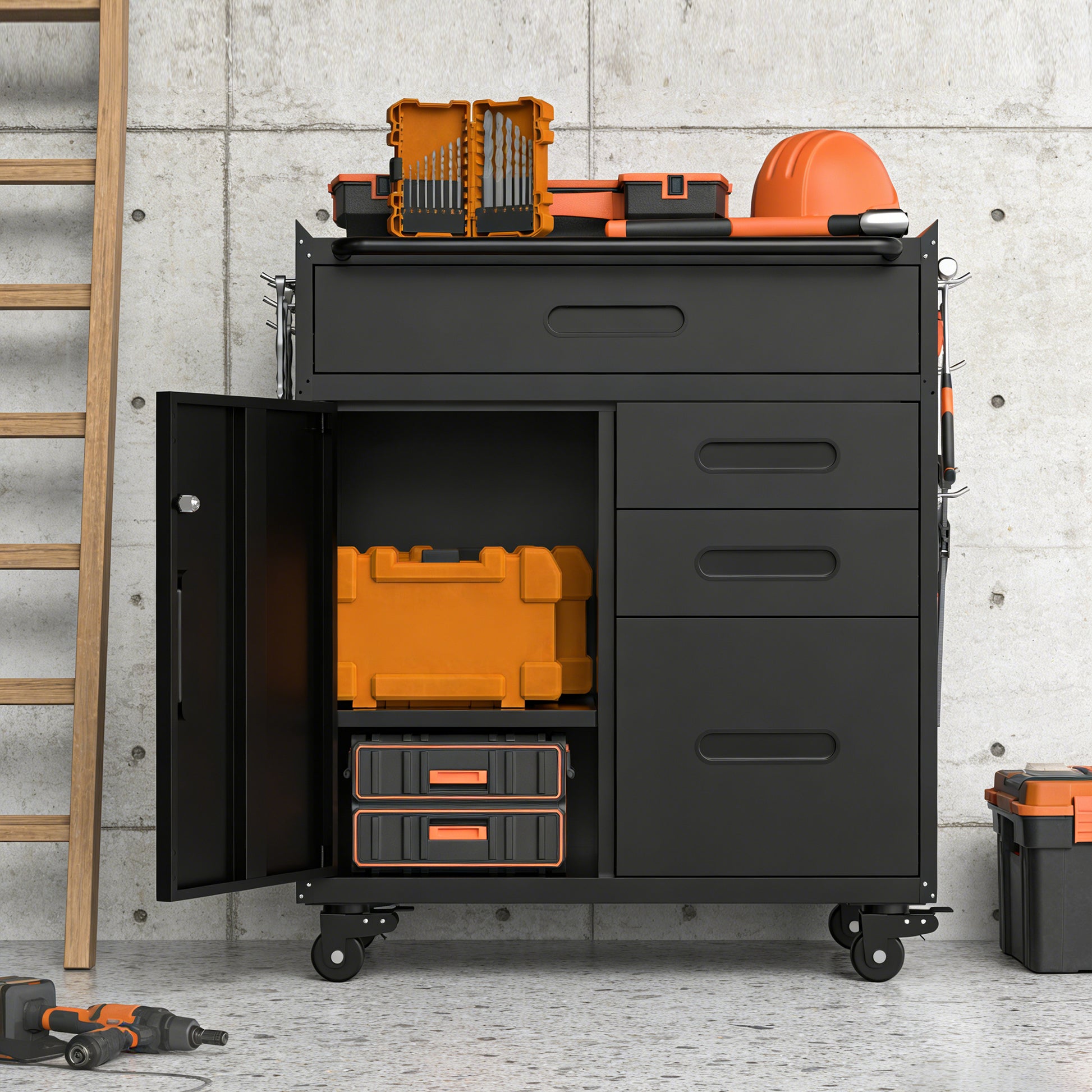 34.3" Mobile Tool Storage Cabinet - Garage Organizer with Lockable Compartment & 4 Drawers, Rolling Steel Chest for Workshop and Home Garage image 6