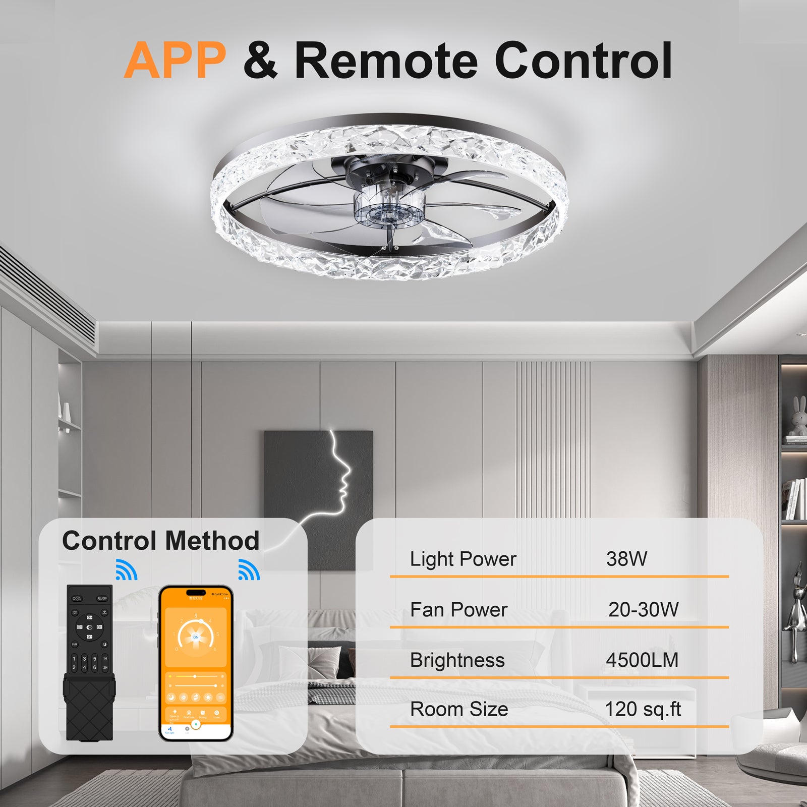 23.6" Ceiling Fans with Lights Remote and APP Control, Dimmable 3-Color and 6-Speed quiet DC Motor, BLACK Ceiling Fan for Bedroom Living Room image 3