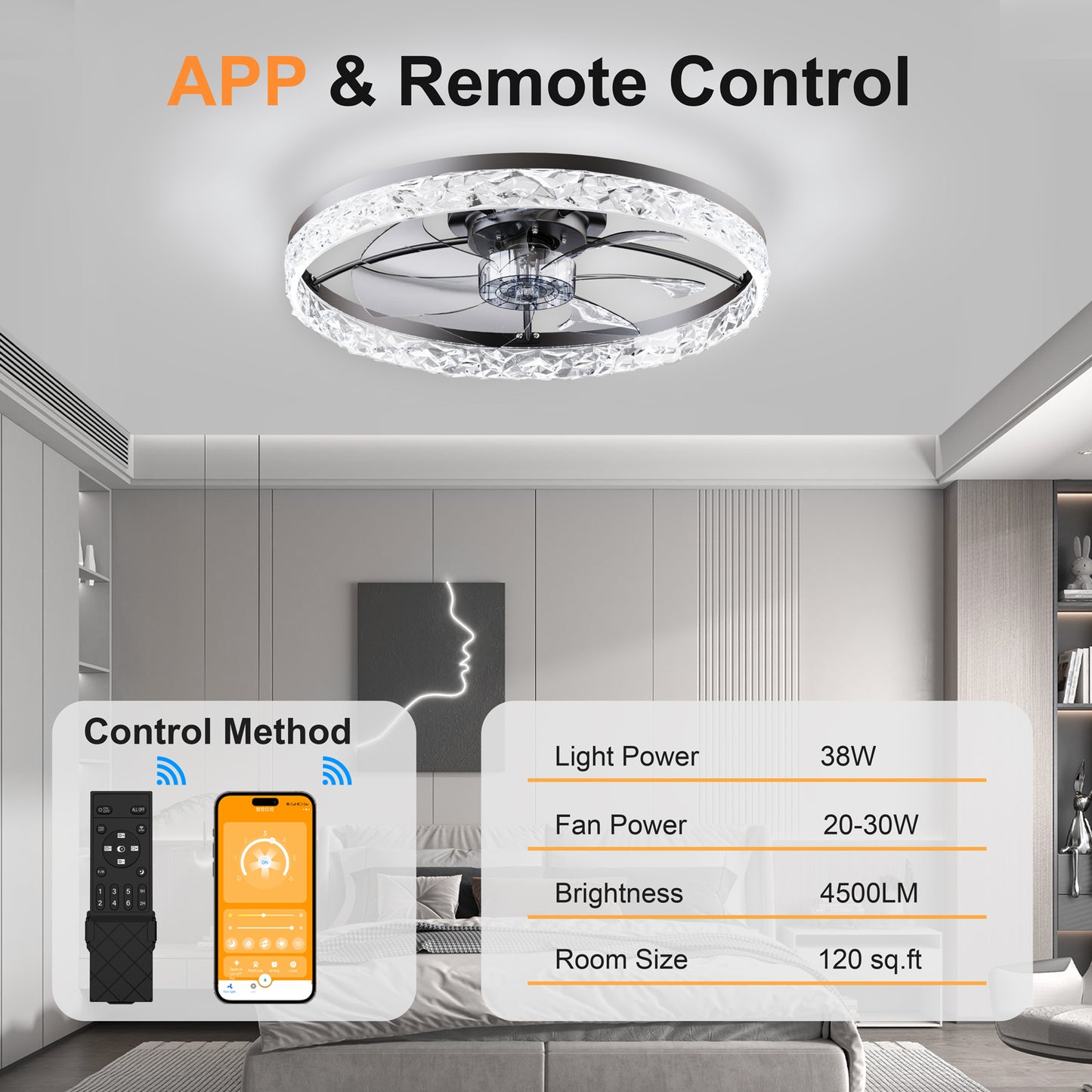 23.6" Ceiling Fans with Lights Remote and APP Control, Dimmable 3-Color and 6-Speed quiet DC Motor, BLACK Ceiling Fan for Bedroom Living Room image 3