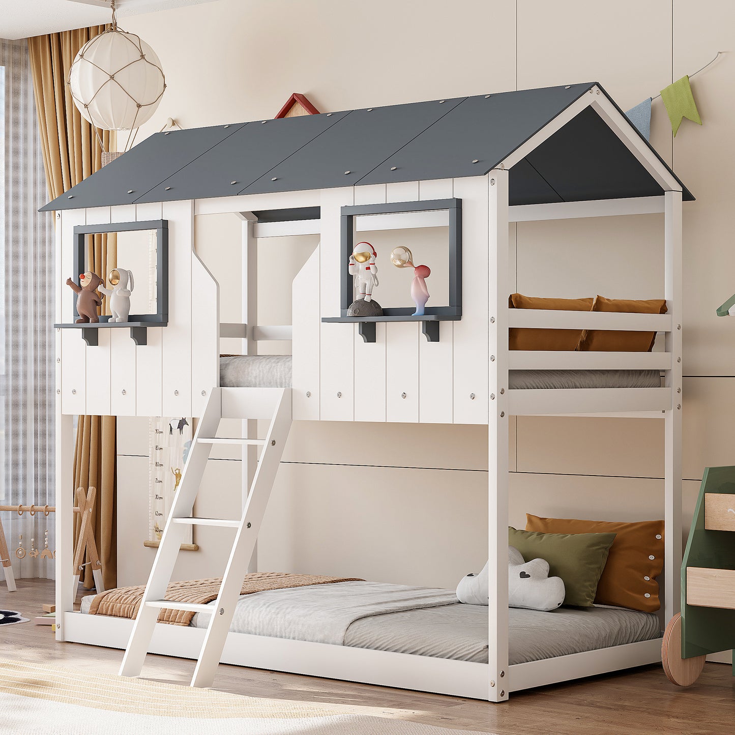Twin Over Twin Bunk Bed Wood Bed with Roof, Window, Guardrail, Ladder (White)(OLD SKU: LT000045AAK-1) image 1