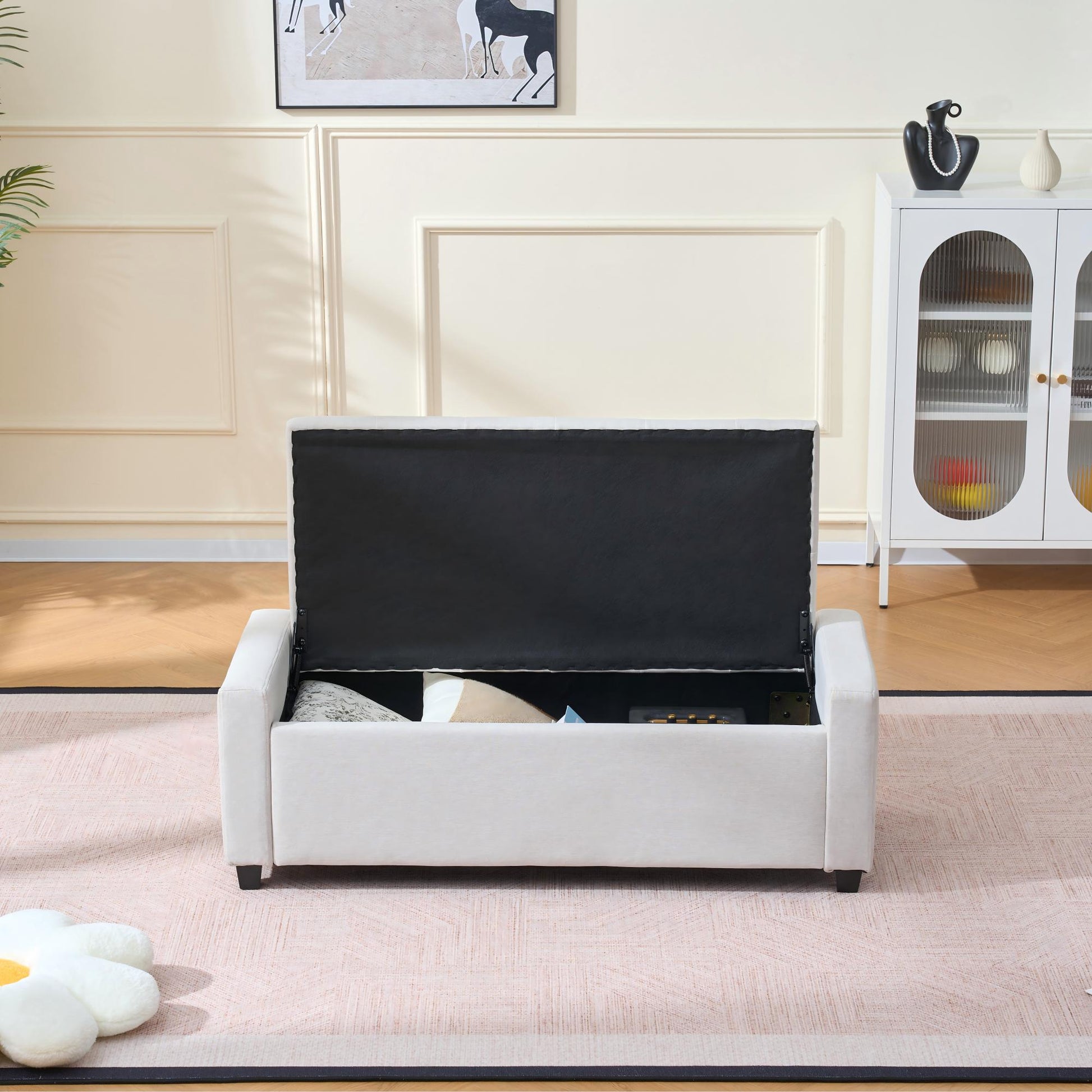 48" Storage Bedroom Bench for End of Bed, Faux Linen Upholstered Storage Ottoman with Arms for Bedroom,Living Room, Entryway, Beige image 5