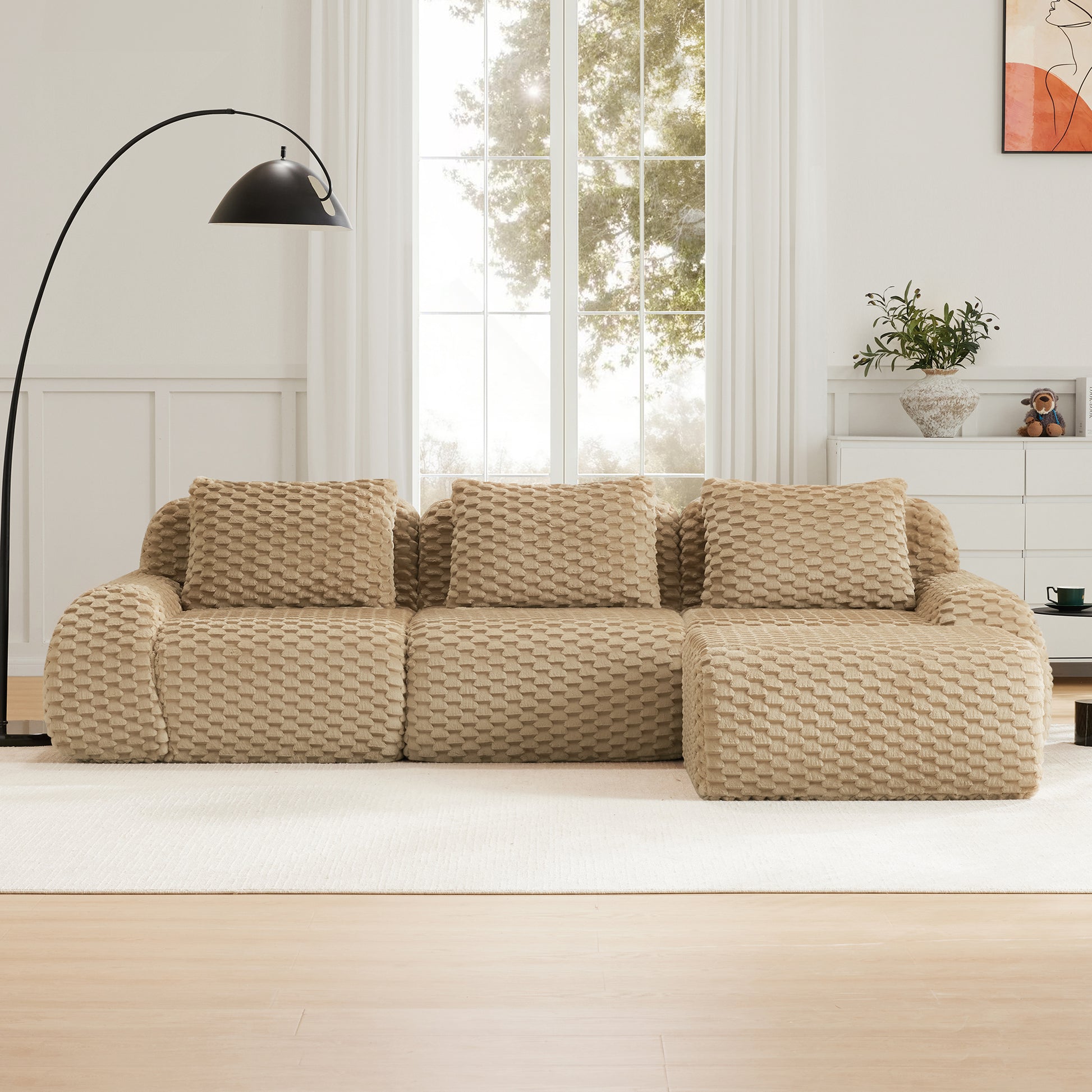 114" Modern L-Shaped Modular Sectional Sofa for Living Room,Flannelette Fabric,Oversized 3-Seater Couch,boneless sofa,Movable Ottoman,Buckle connection,Anti-slip Design,No Assembly,Light Camel image 2