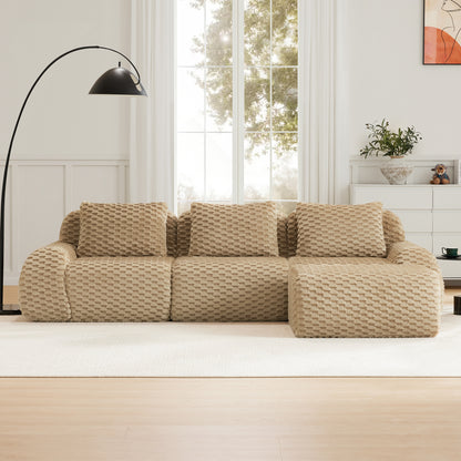 114" Modern L-Shaped Modular Sectional Sofa for Living Room,Flannelette Fabric,Oversized 3-Seater Couch,boneless sofa,Movable Ottoman,Buckle connection,Anti-slip Design,No Assembly,Light Camel image 2