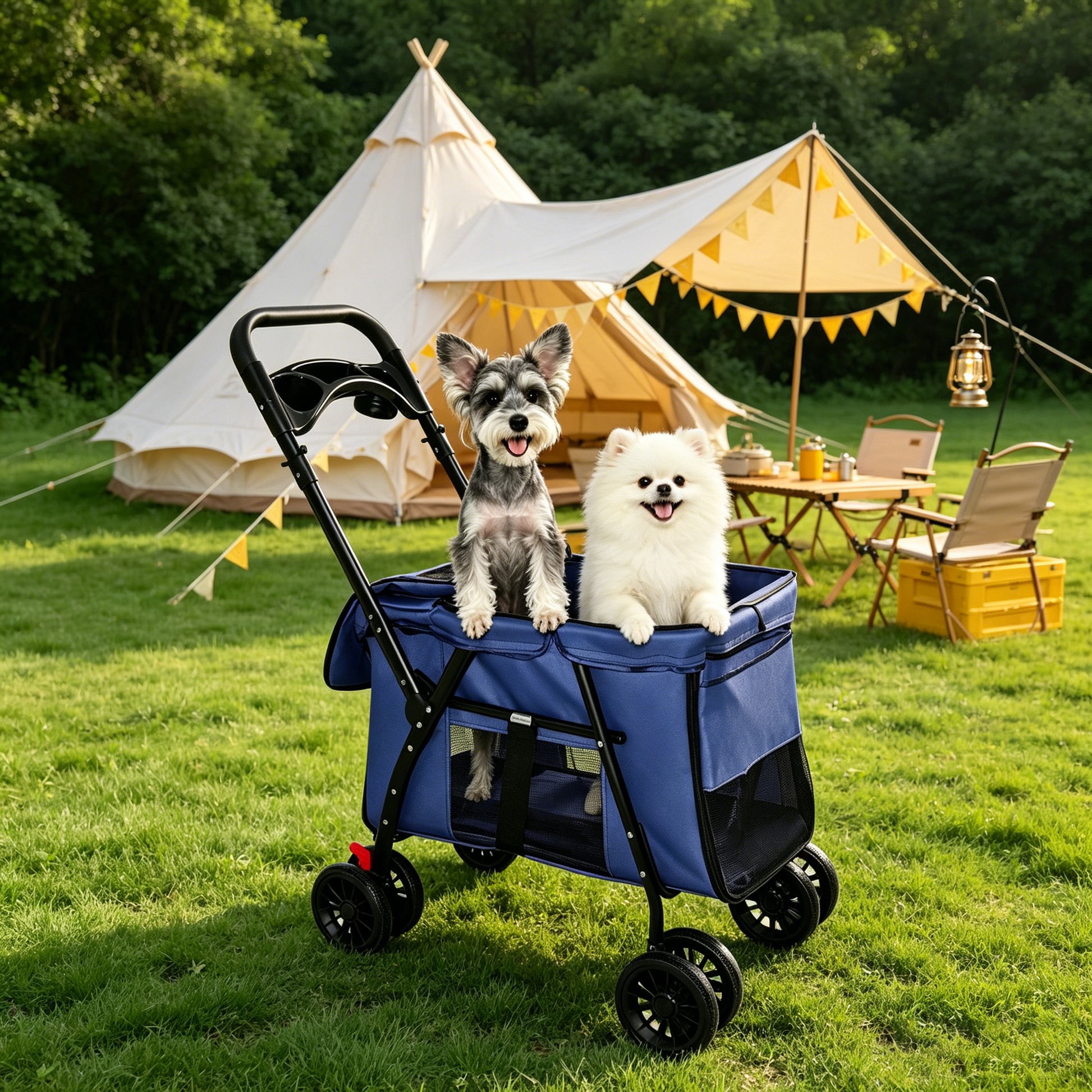 Pet Stroller, Foldable 4-Wheel Design, Breathable Mesh Dog Cat Stroller with Shockproof Wheels, Brake System, Storage Tray, 2 Fixed Safety Leashes, Large Space for Small Medium Pets, Navy Blue image 9