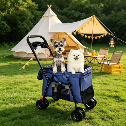 Pet Stroller, Foldable 4-Wheel Design, Breathable Mesh Dog Cat Stroller with Shockproof Wheels, Brake System, Storage Tray, 2 Fixed Safety Leashes, Large Space for Small Medium Pets, Navy Blue image 9