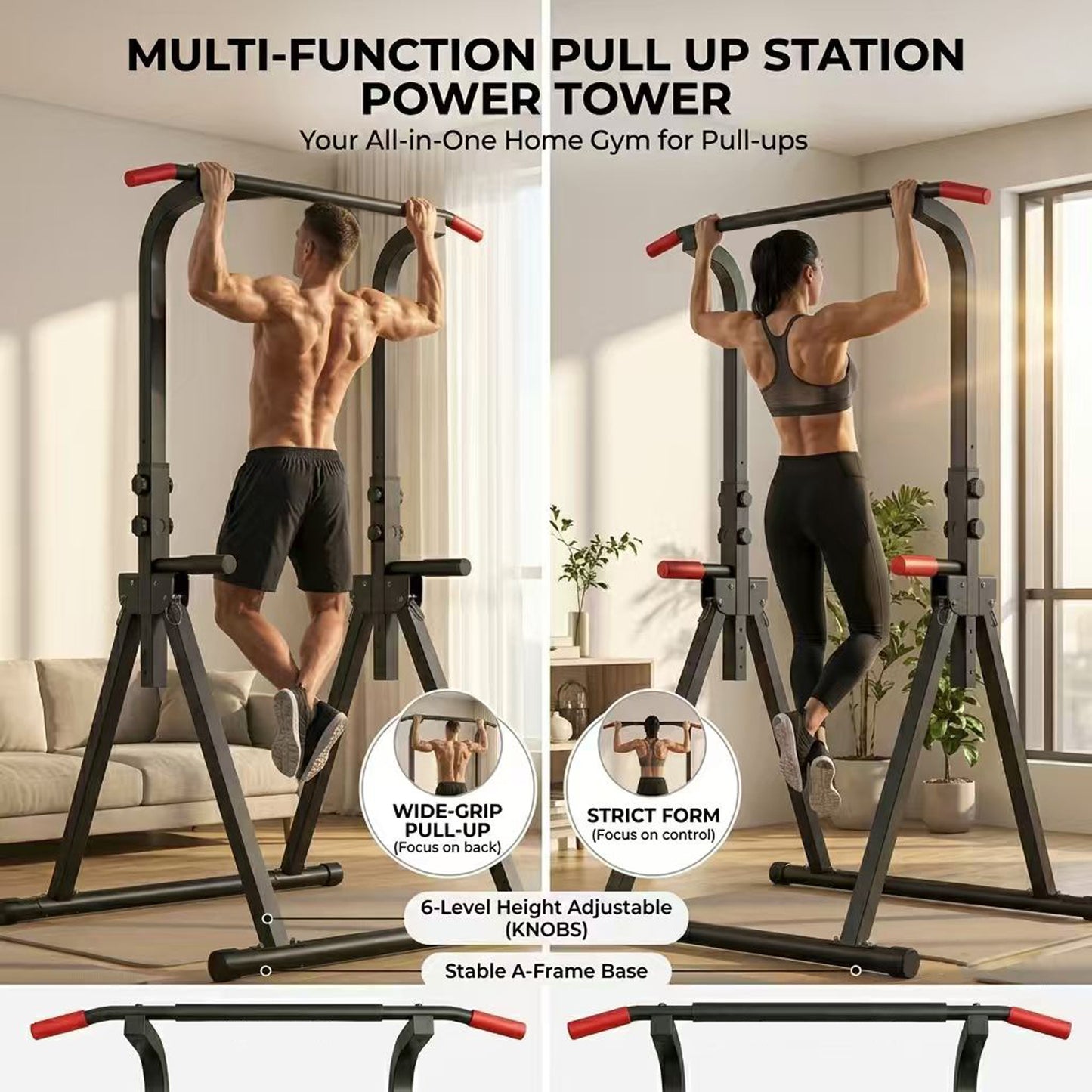 Foldable Pull Up Bar Standing Power Tower - Multi-Function Dip Station, 6-Level Adjustable Height Strength Training Fitness Equipment for Home Gym, 440lbs Max image 4
