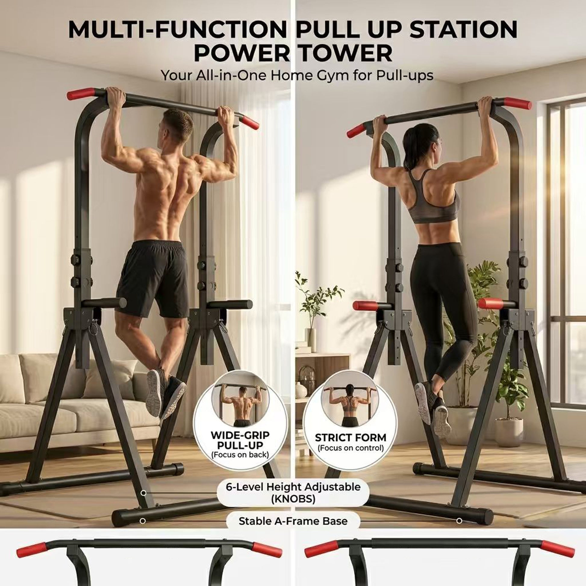 Foldable Pull Up Bar Standing Power Tower - Multi-Function Dip Station, 6-Level Adjustable Height Strength Training Fitness Equipment for Home Gym, 440lbs Max image 4