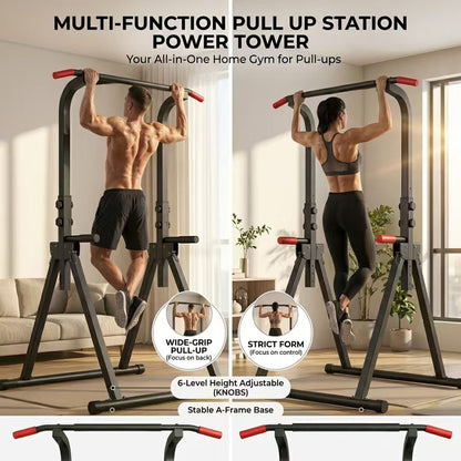 Foldable Pull Up Bar Standing Power Tower - Multi-Function Dip Station, 6-Level Adjustable Height Strength Training Fitness Equipment for Home Gym, 440lbs Max image 4