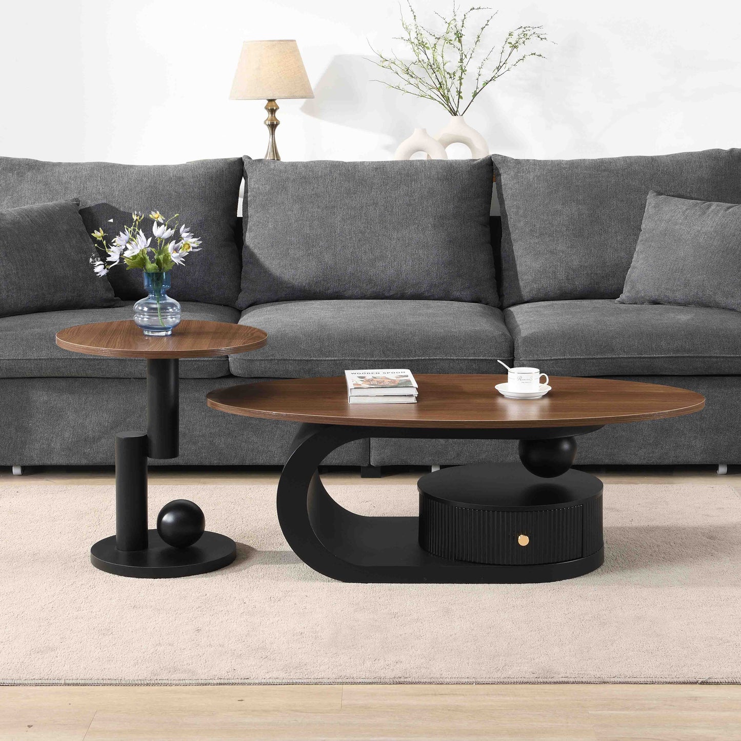 Luxury Nesting Coffee Table Set of 2, Tables with Storage for Living Room, Oval and Round Table Set, Black Center Table, Cocktail Table, Side Table, Large 47.24'', Small 19.69'' image 1