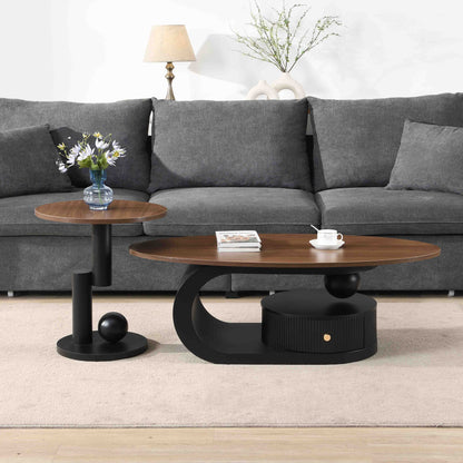 Luxury Nesting Coffee Table Set of 2, Tables with Storage for Living Room, Oval and Round Table Set, Black Center Table, Cocktail Table, Side Table, Large 47.24'', Small 19.69'' image 1