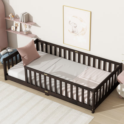 Twin Size Floor Bed with Fence without Door, Rubber Wood Floor Bed with Safety Guardrails,Espresso (Old Sku W504P286398) image 1