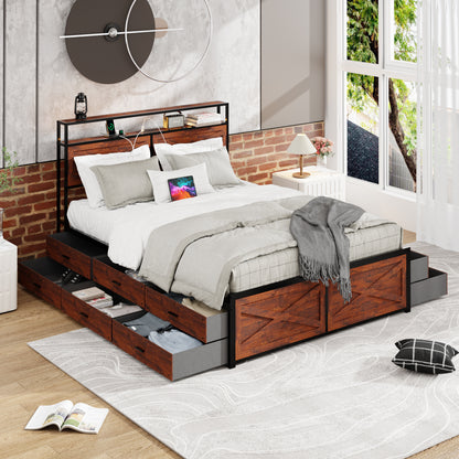 Queen Bed Frame with Storage Headboard and 12 Drawers LED Lights, Metal Platform Non-Slip Without Noise Mattress Foundation Strong Metal Slats Support,No Box Spring Needed image 3