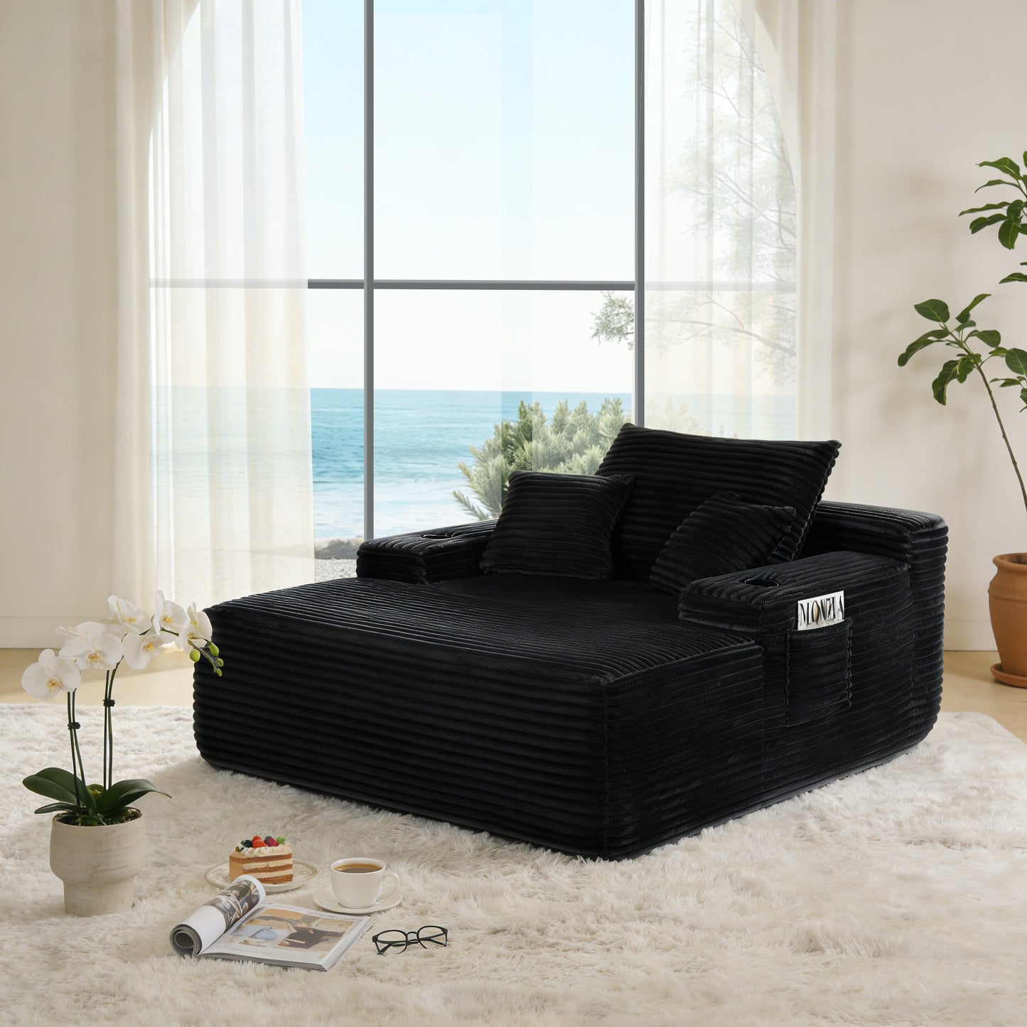 NEW Convertible Chaise Lounge Chair Plush with Wide Armrest & Throw Pillows, Cozy Boneless Sleeper Sofa Bed Armchair, with cup holder,for Living Room, Bedroom, No Assembly Required,Black image 1