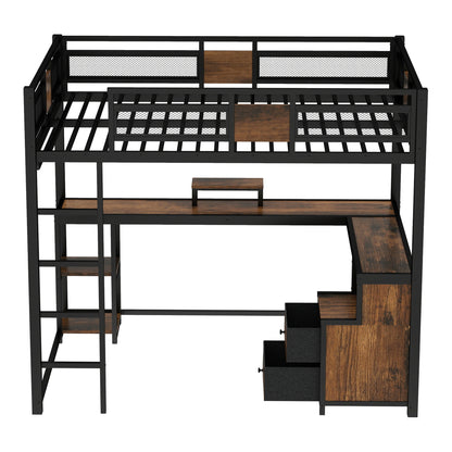 Queen Loft Bed with Desk and Storage Non-woven Fabric Drawers, Metal Loft Bed Frame with Ladders, Nosie-free and No Spring Box Needed, Black image 5