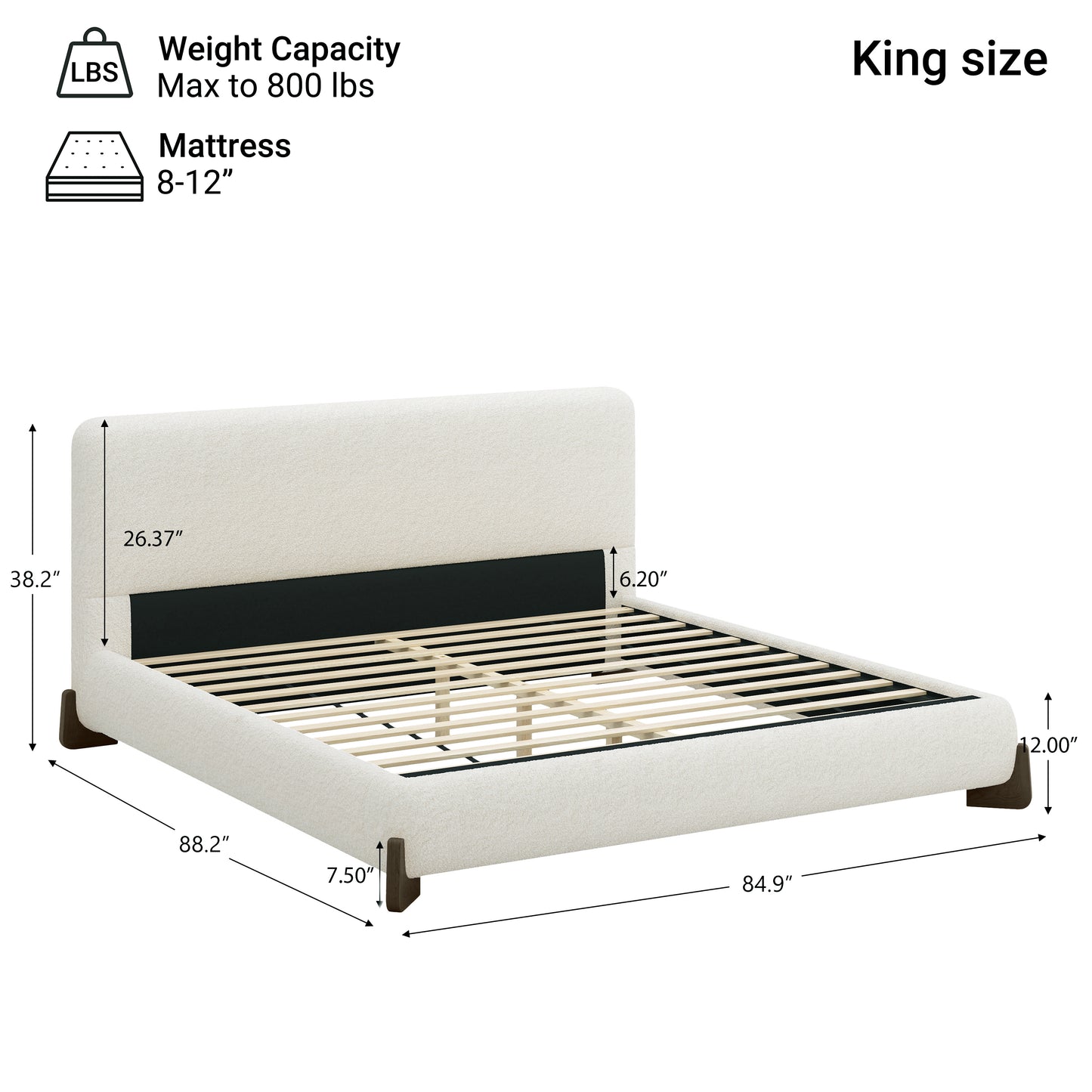 Elegant terry upholstered bed with dark brown solid wood legs, luxurious and comfortable bedroom centerpiece, king size, white image 3