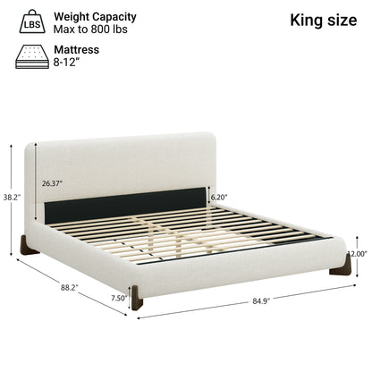 Elegant terry upholstered bed with dark brown solid wood legs, luxurious and comfortable bedroom centerpiece, king size, white image 3