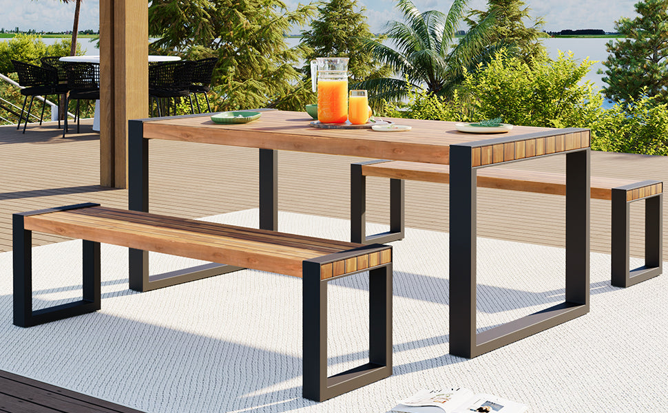 <Old SKU: FG201232AAA> GO 3-pieces Outdoor Dining Table With 2 Benches, Patio Dining Set With Unique Top Texture, Acacia Wood Top & Steel Frame, All Weather Use, For Outdoor & Indoor, Natural image 8