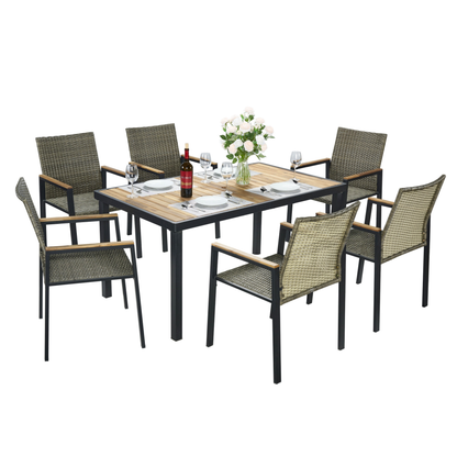 All Weather 7-Piece Patio Dining Table Sets, Patio Conversation Set Acacia Wood Table Top with Umbrella Hole, Rattan Outdoor, Brown Gray Color image 9
