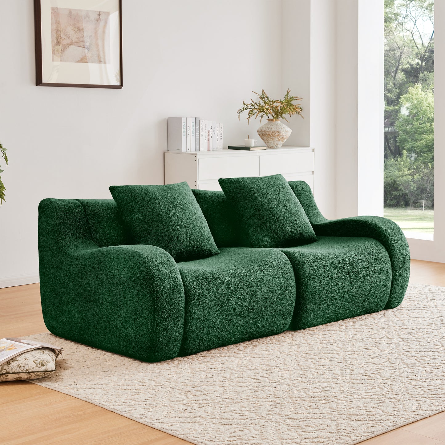 Soft Teddy Fabric Boneless Sofa,No Assembly Required Streamlined Design,Anti-Slip Design 32D High Density Sponge Fits Living Rooms Bedrooms,Green image 1