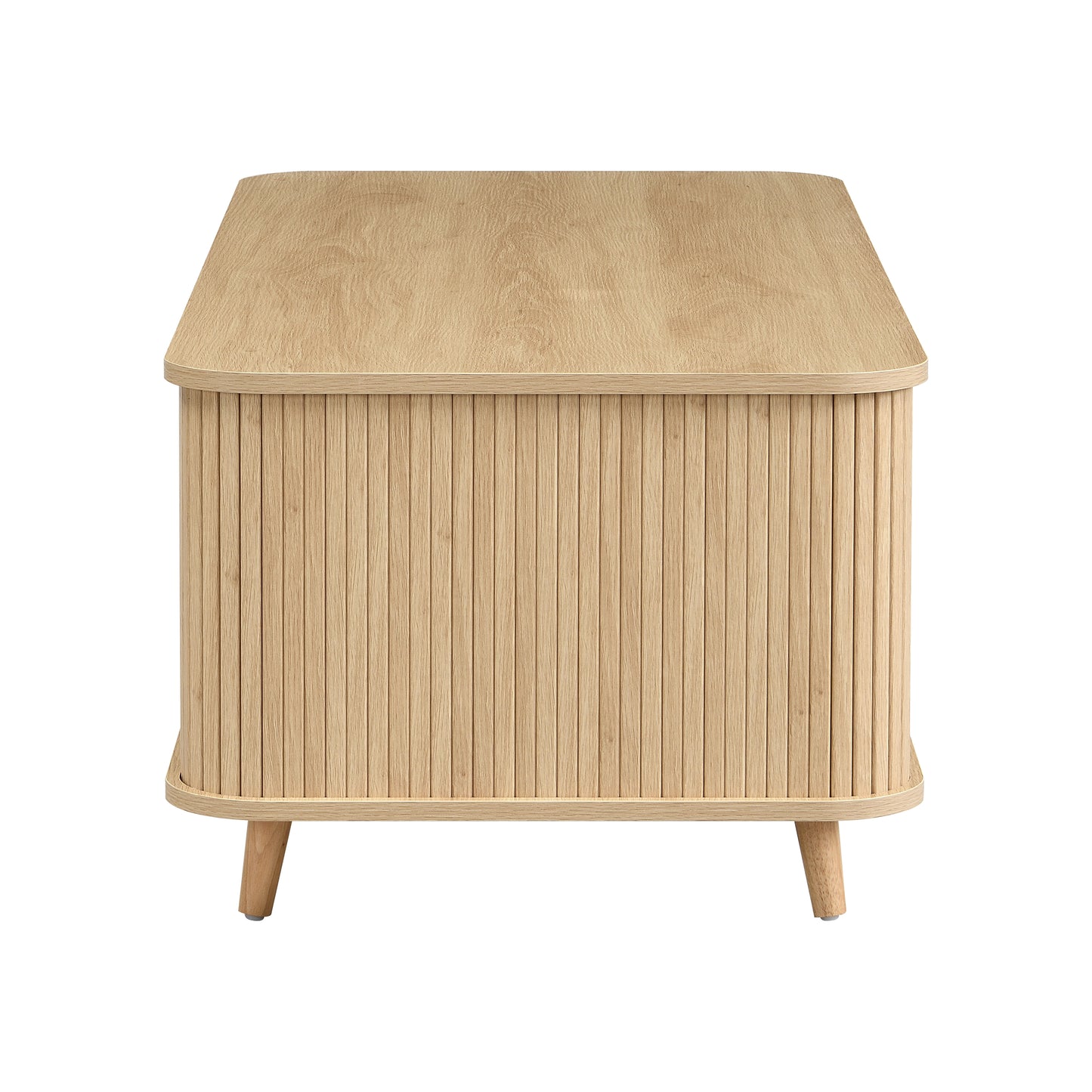 Modern Mid-Century Coffee Table with Storage: Natural Wood Finish, 4 Open Shelves & 2 Doors, For Living Room, Entertainment Center, Home Theater image 10