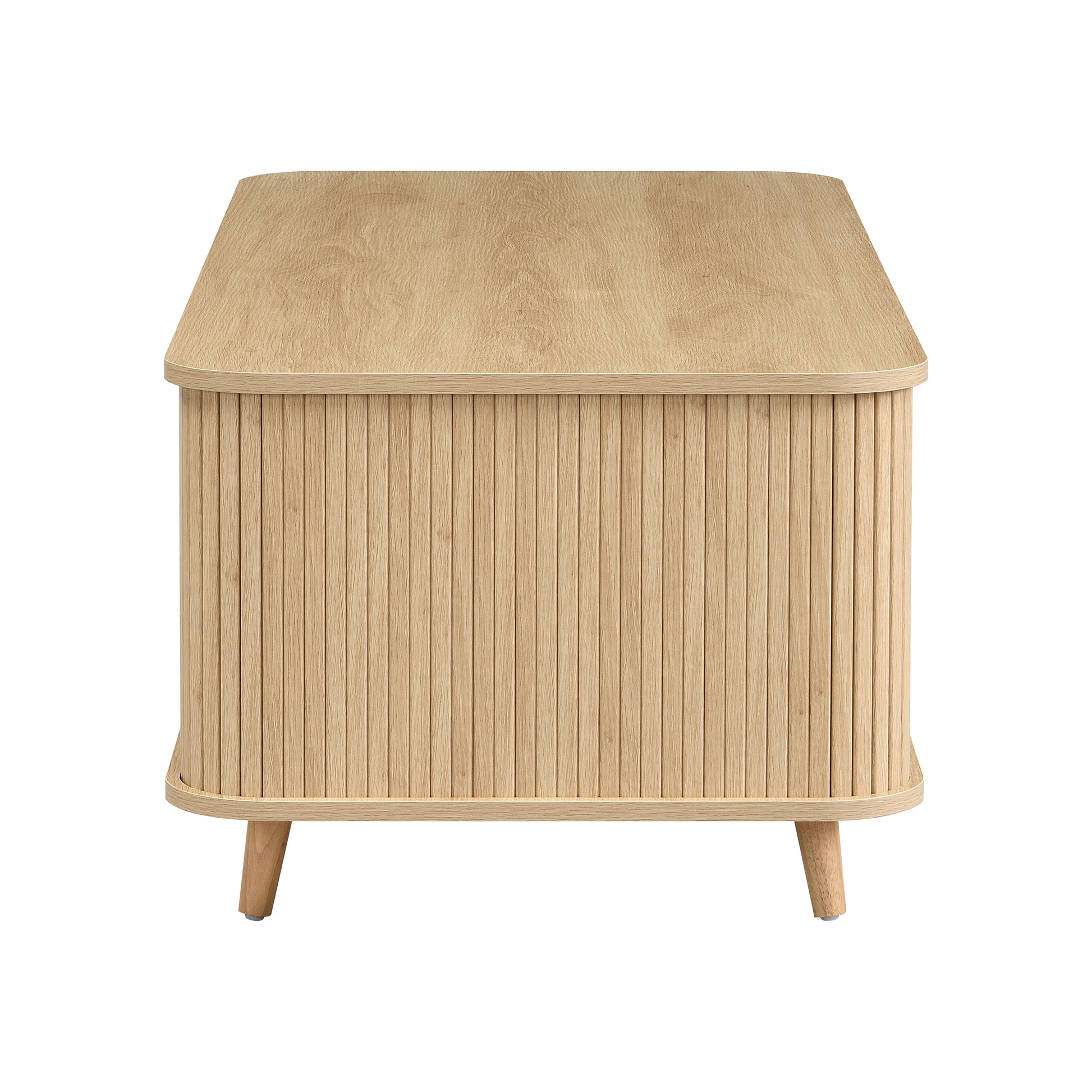 Modern Mid-Century Coffee Table with Storage: Natural Wood Finish, 4 Open Shelves & 2 Doors, For Living Room, Entertainment Center, Home Theater image 10