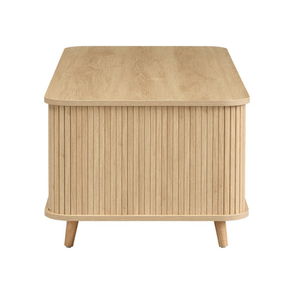 Modern Mid-Century Coffee Table with Storage: Natural Wood Finish, 4 Open Shelves & 2 Doors, For Living Room, Entertainment Center, Home Theater image 10