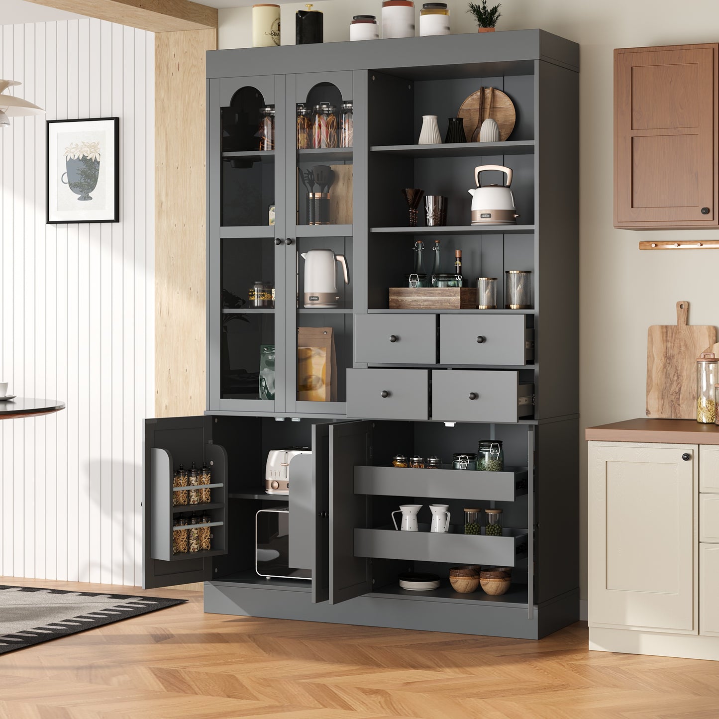 [Assembly Video Provided] TOPMAX 47.2x15.7x75inch Freestanding Buffet with Hutch, Tall Kitchen Pantry Cabinet with 4 Drawers, Door Shelves and Pull-out Trays for Dining room, Living Room, Gray image 1