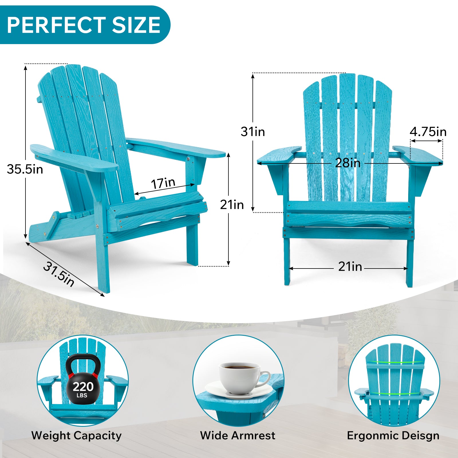 Wood Lounge Patio Chair for Garden Outdoor Wooden Folding Embossed Adirondack Chair Solid Wood Lounge Patio Chair with Wood Grain image 4