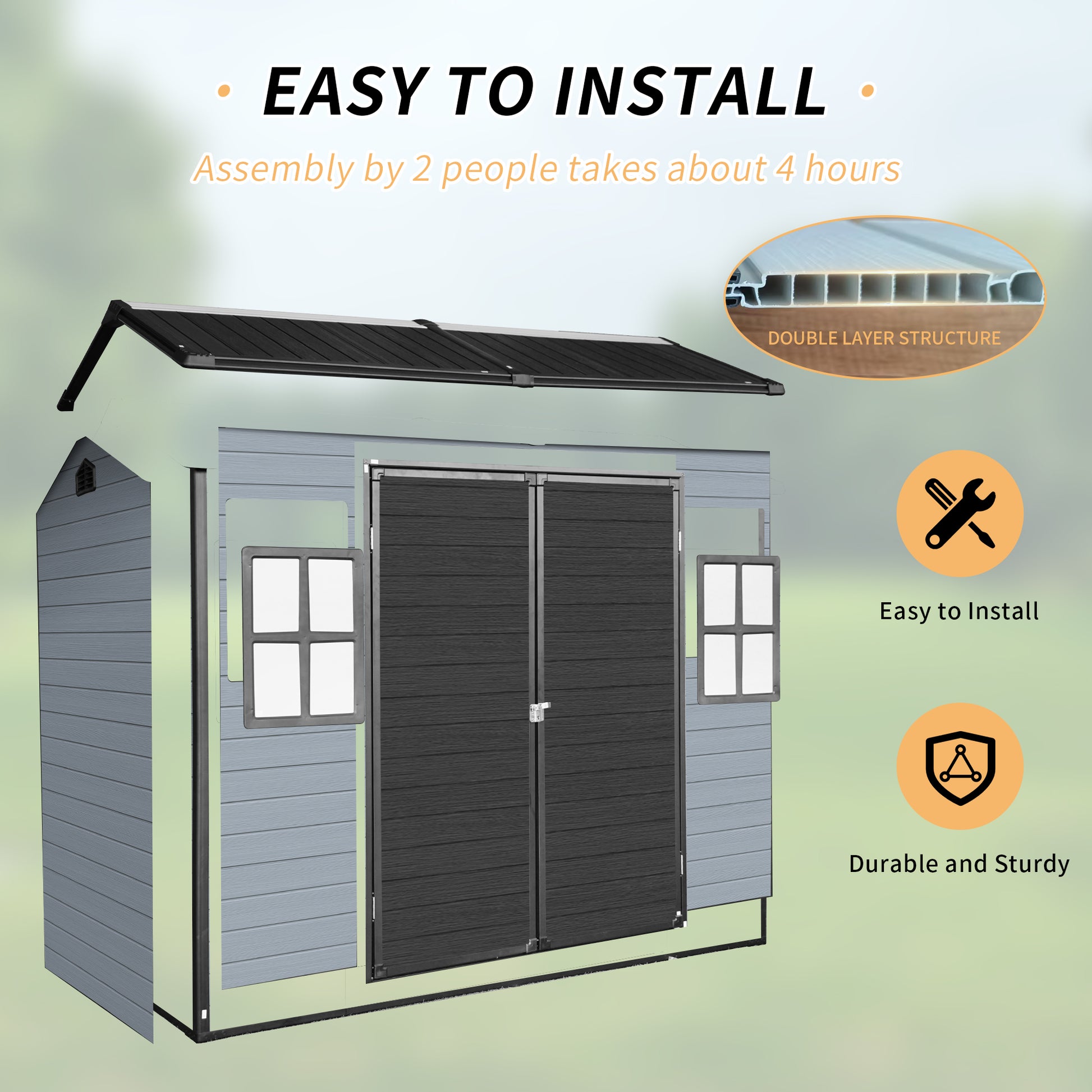 8x4ft Outdoor Resin Garden Shed with Floor and 2 Windows, Plastic Patio Outdoor Storage Shed with Lockable Door for Garden Tools, Bicycles, Trash Cans, Gray+Black image 8