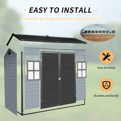 8x4ft Outdoor Resin Garden Shed with Floor and 2 Windows, Plastic Patio Outdoor Storage Shed with Lockable Door for Garden Tools, Bicycles, Trash Cans, Gray+Black image 8