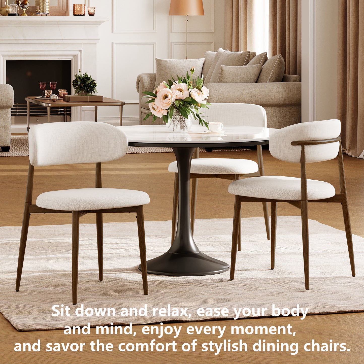 Dining Chairs Set of 2, Metal Kitchen Chairs with Modern Fabric Upholstered for Dining Room, Beige image 7