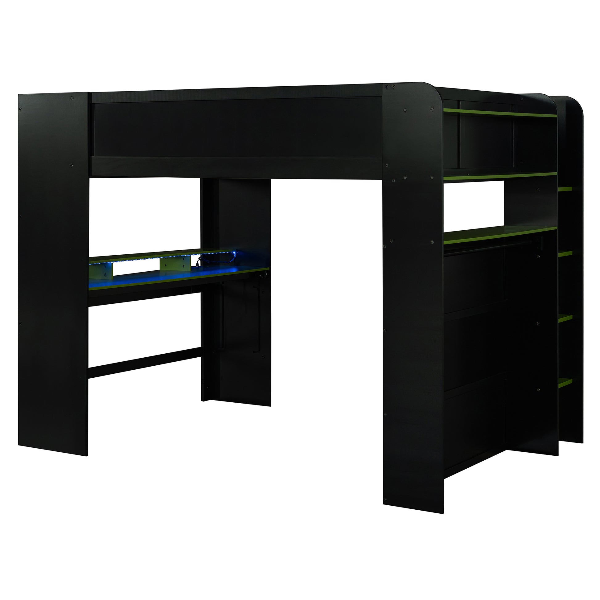 Full Size Wood Bunk Bed with height-adjustable Desk,Wardrobe,Ample Storage Space,and RGB Light, Green(OLD SKU:LT000266AAG) image 11