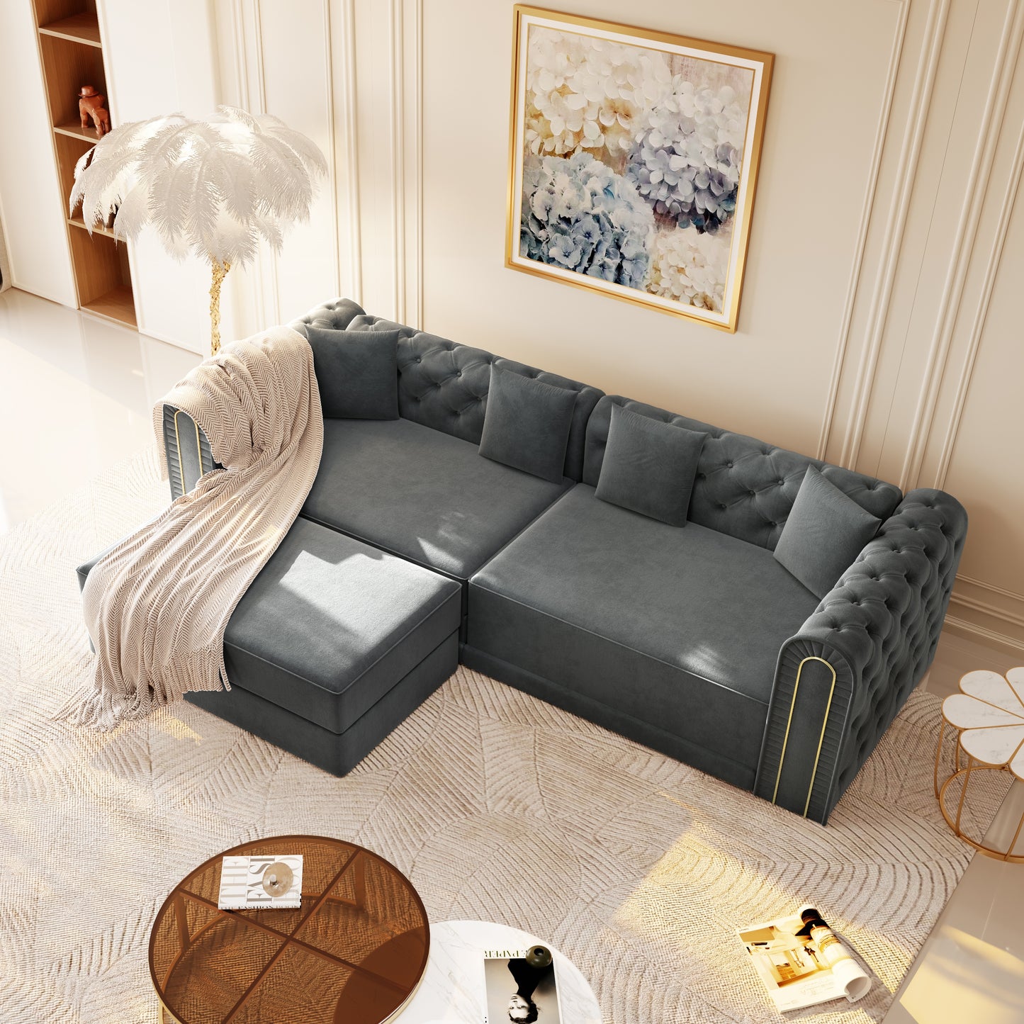 90.6" 3-in-1 Convertible Sleeper Sofa,Elegant Modern Couch with Button Tufted and Gold Edge Trim,3-Seater Couch with Movable Ottoman for Living Room,Apartment,Office,Bedroom,Dark Grey image 7