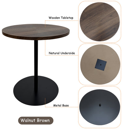 Set of 2 Small Round Side Table Wooden Concentric Circles Coffee Table for Two Metal Pedestal Nightstand for Corner Small Space (Walnut Brown & Black) image 10