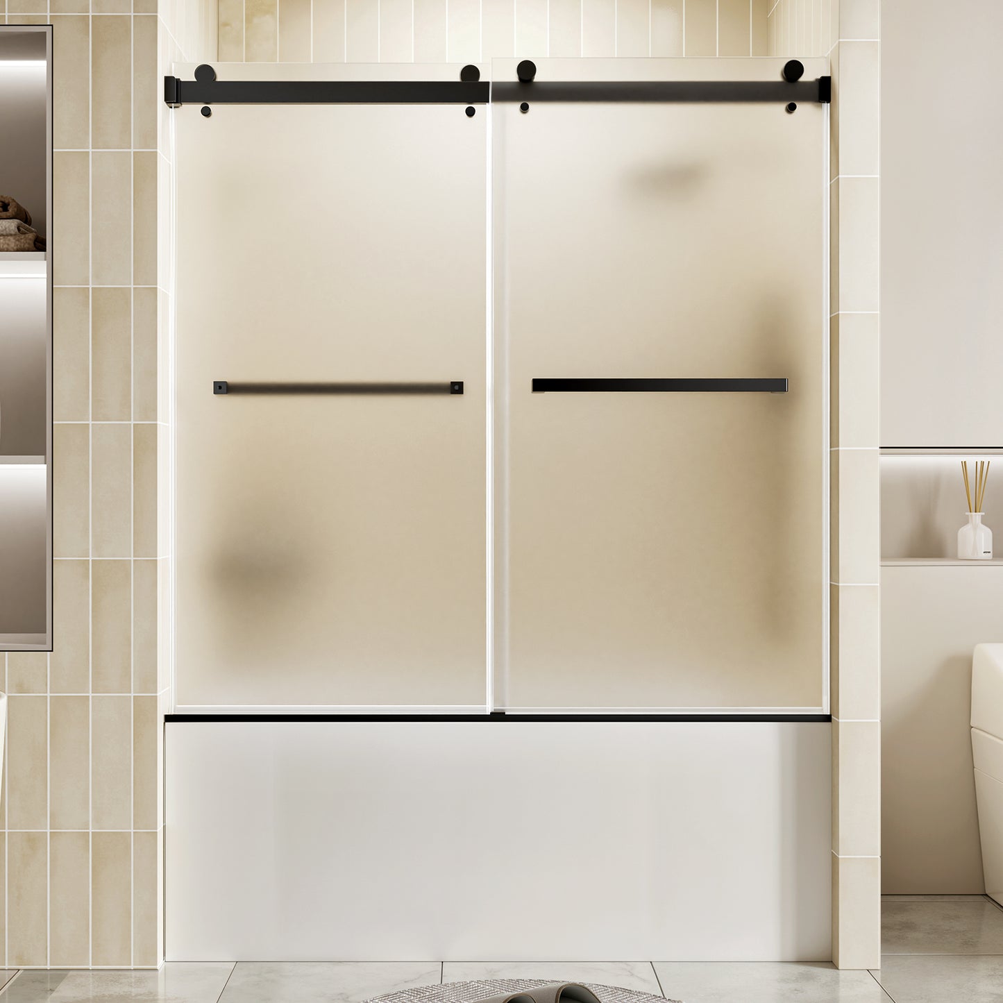 56-60" W x 60" H Frameless Double Sliding Shower Door, Premium 1/4" (6mm) Thick Frosted Ultra-Clear Nano-Coated Tempered Glass, Stainless Steel, Matte Black image 1