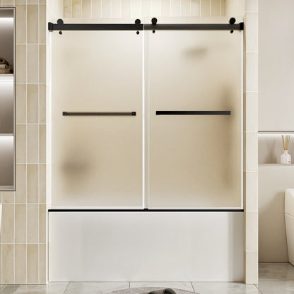 56-60" W x 60" H Frameless Double Sliding Shower Door, Premium 1/4" (6mm) Thick Frosted Ultra-Clear Nano-Coated Tempered Glass, Stainless Steel, Matte Black image 1