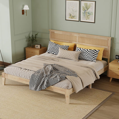 King Size Solid Wood Bed with Rattan Headboard, Rubber Wood Bed with Central Support Beams and Enhanced Feet,Natural image 7